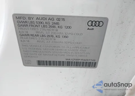 2015 Audi Q5 2.0T Premium из США, поврежденный, VIN WA1CFAFP7FA097748